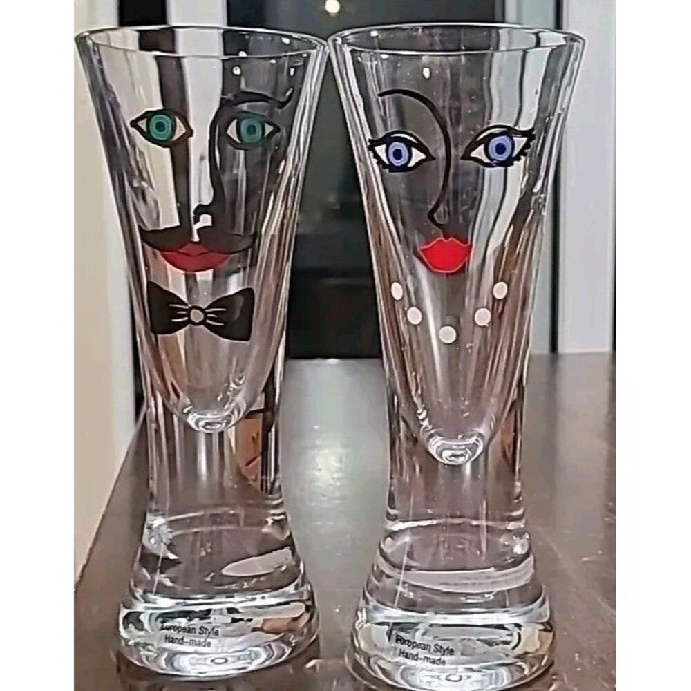 Vintage Retro Art Deco BRIDAL Wedding Toast PAIR GLASSES 6.75"T
